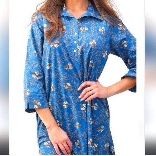 Navyblue Womens Blue Floral Polka Dot Button Front Shirt Dress Short Sleeve